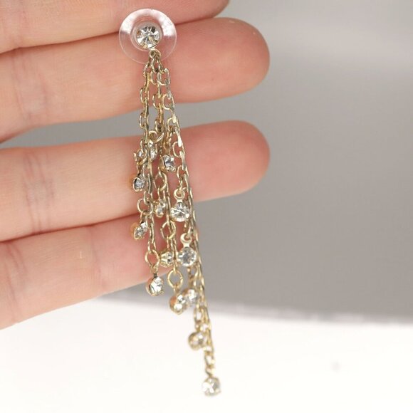Chain Waterfall Gold Crystal Rhinestone Earrings Gold Metal Dangle Evening - Picture 3 of 7